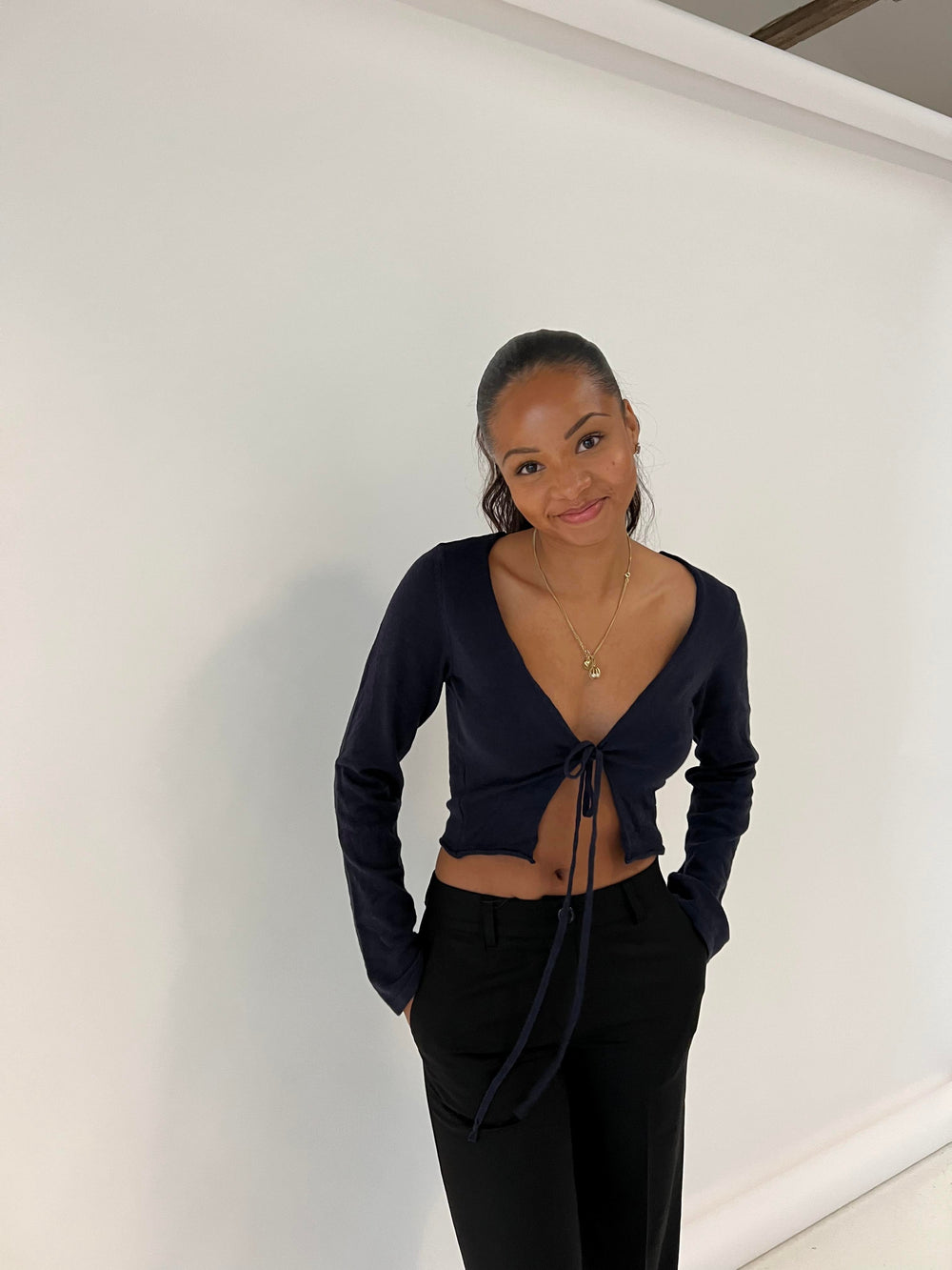 Simona 2 ways tie blouse - Navy
