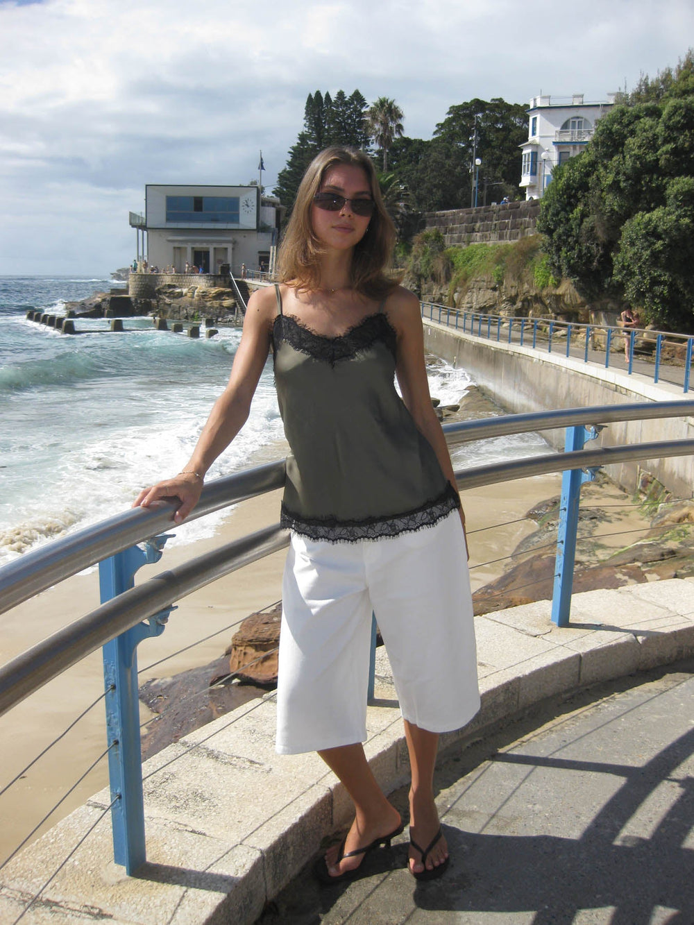 Daniana satin top with lace - Khaki