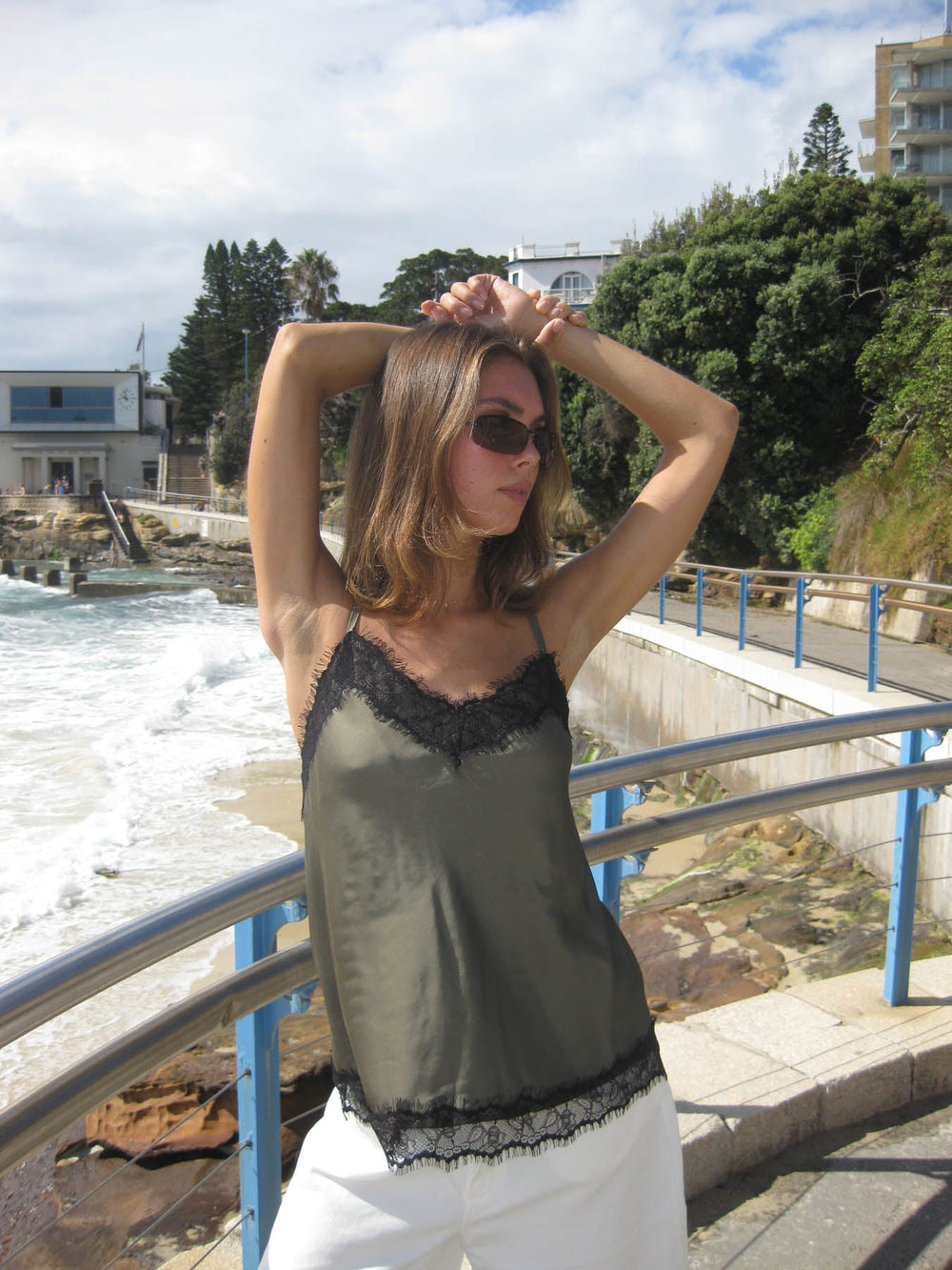 Daniana satin top with lace - Khaki