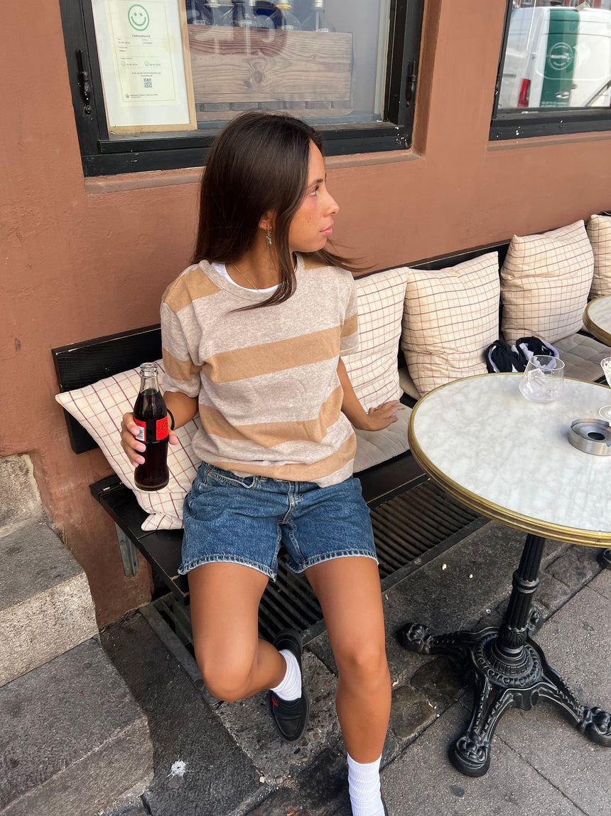 Sannie striped t-shirt in light knitting - Beige/nude