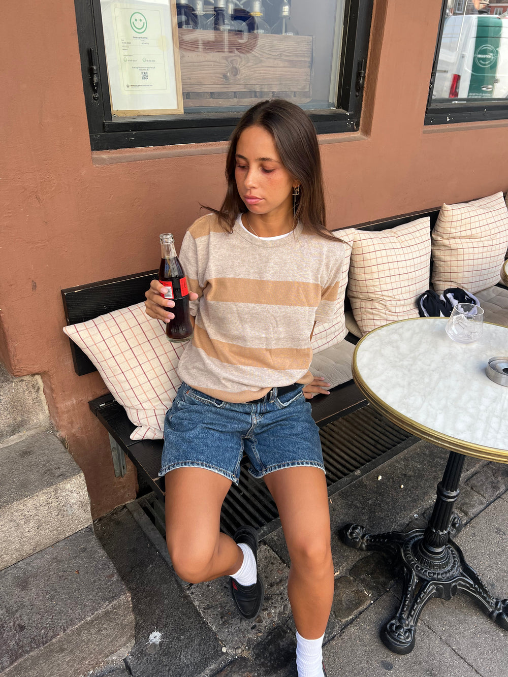 Sannie striped t-shirt in light knitting - Beige/nude