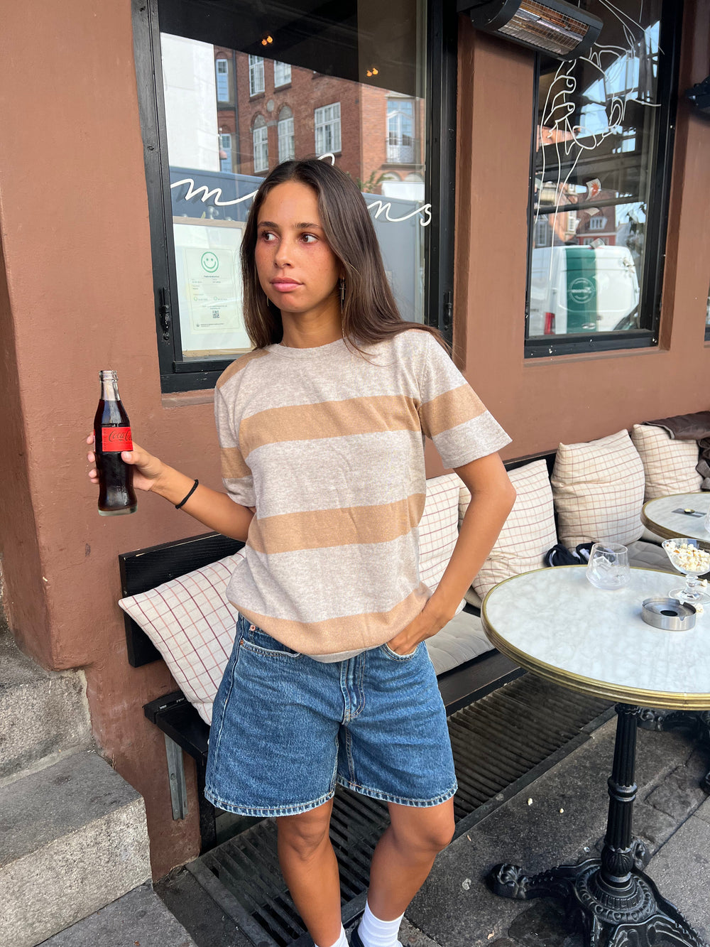 Sannie striped t-shirt in light knitting - Beige/nude