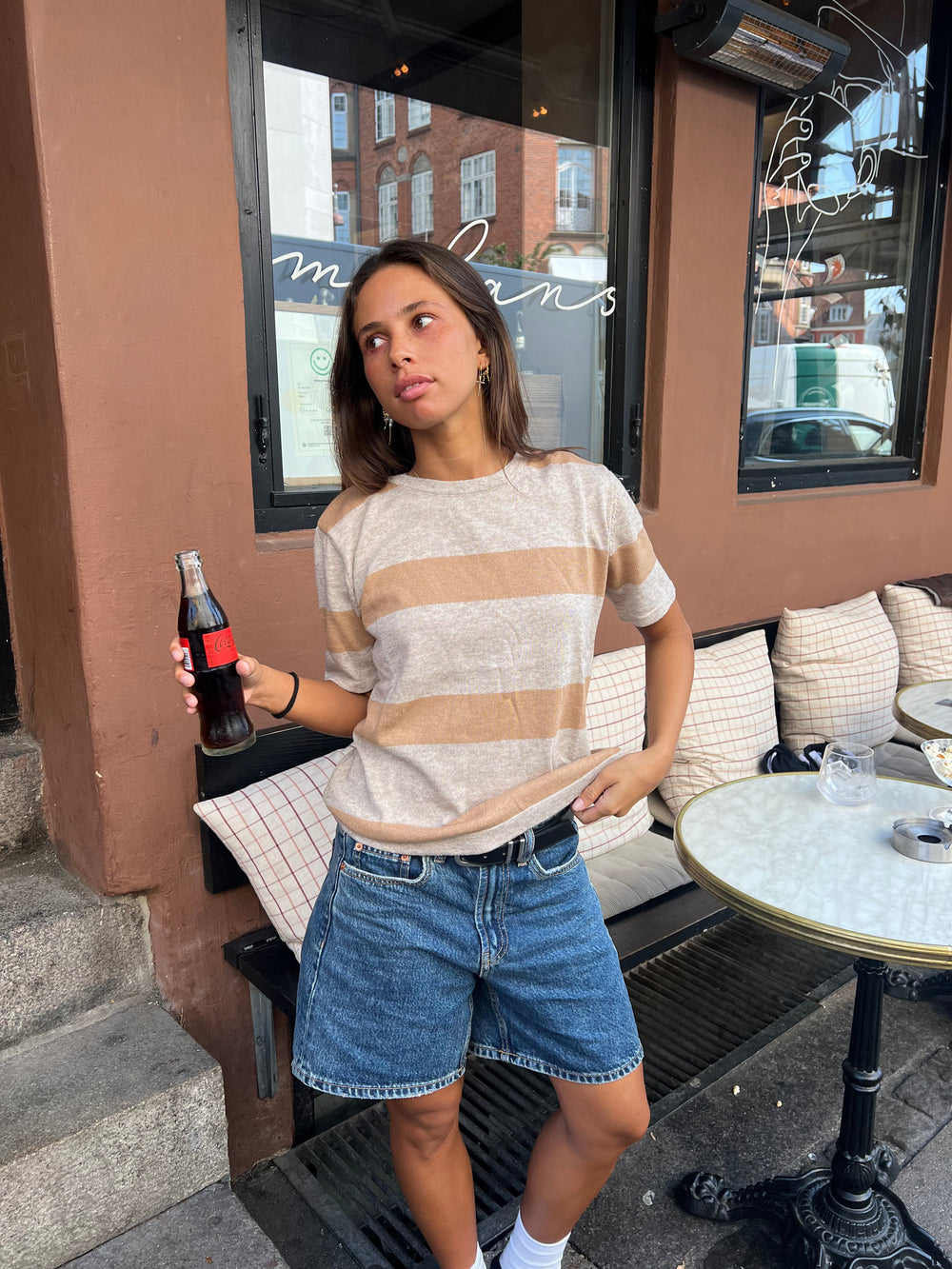 Sannie striped t-shirt in light knitting - Beige/nude