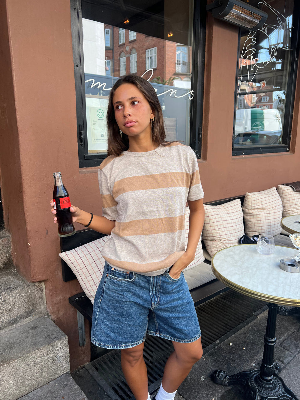 Sannie striped t-shirt in light knitting - Beige/nude
