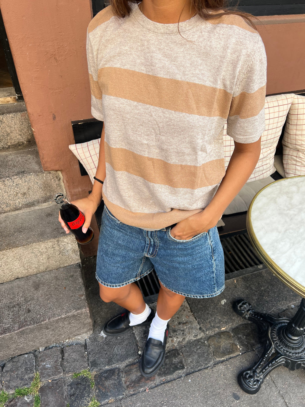 Sannie striped t-shirt in light knitting - Beige/nude