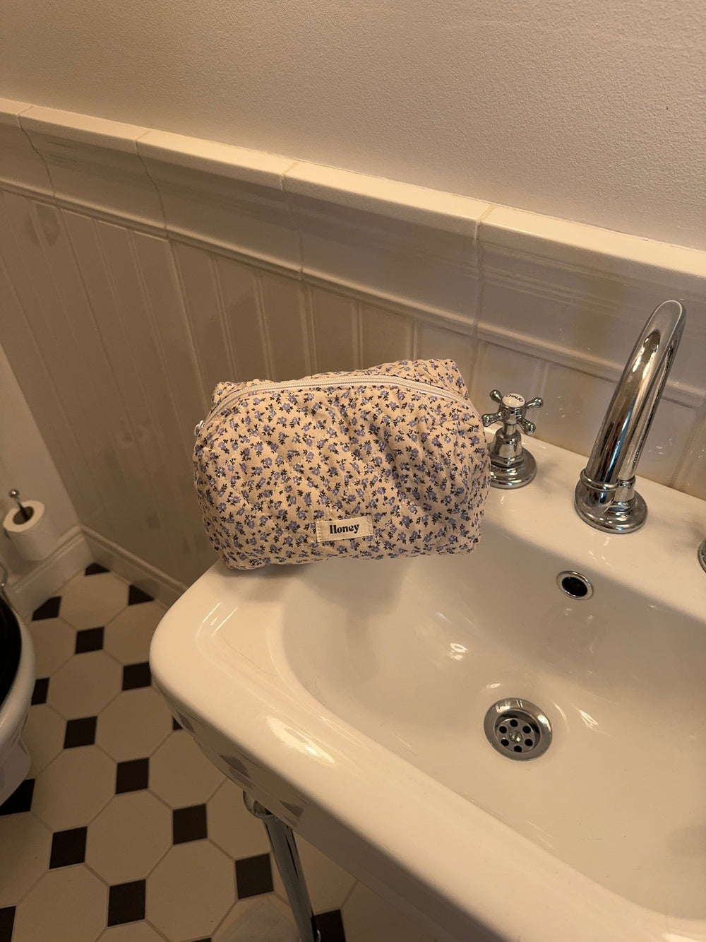 Honey Small Toiletry Bag - White with Blue Flowers