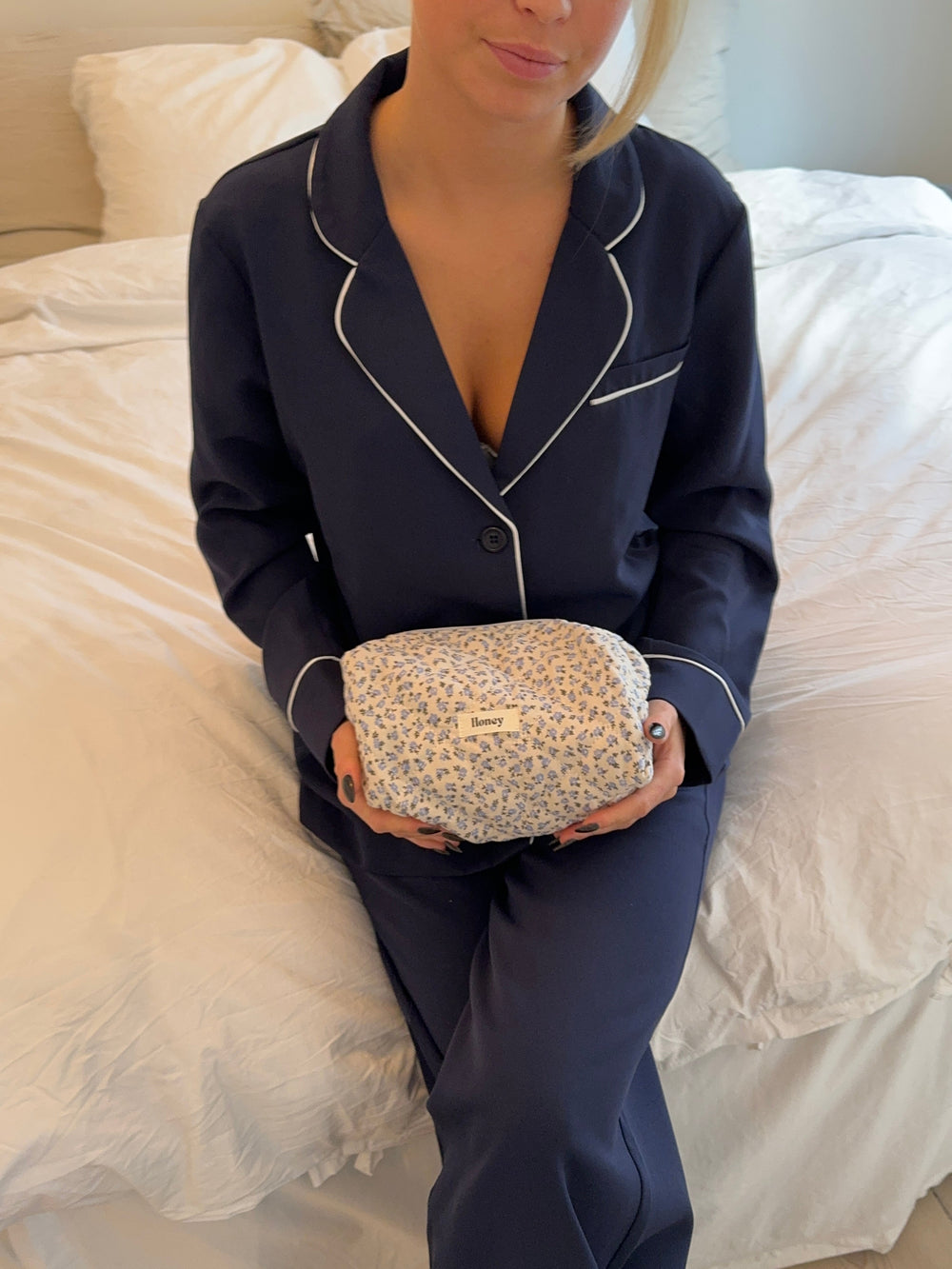 Honey Small Toiletry Bag - White with Blue Flowers