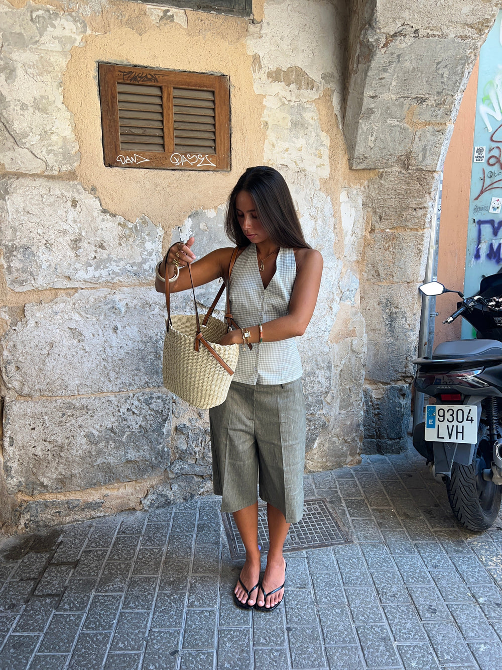 Valenza woven bag with leather straps – Beige/brown