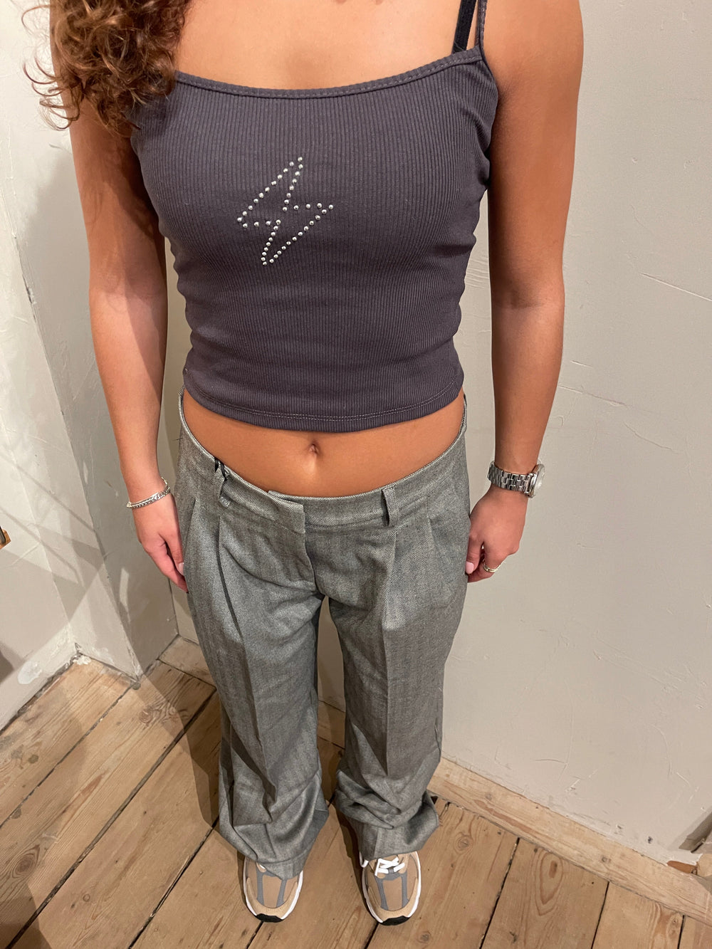 Thilde tank top with rhinestone lightning - Dark grey