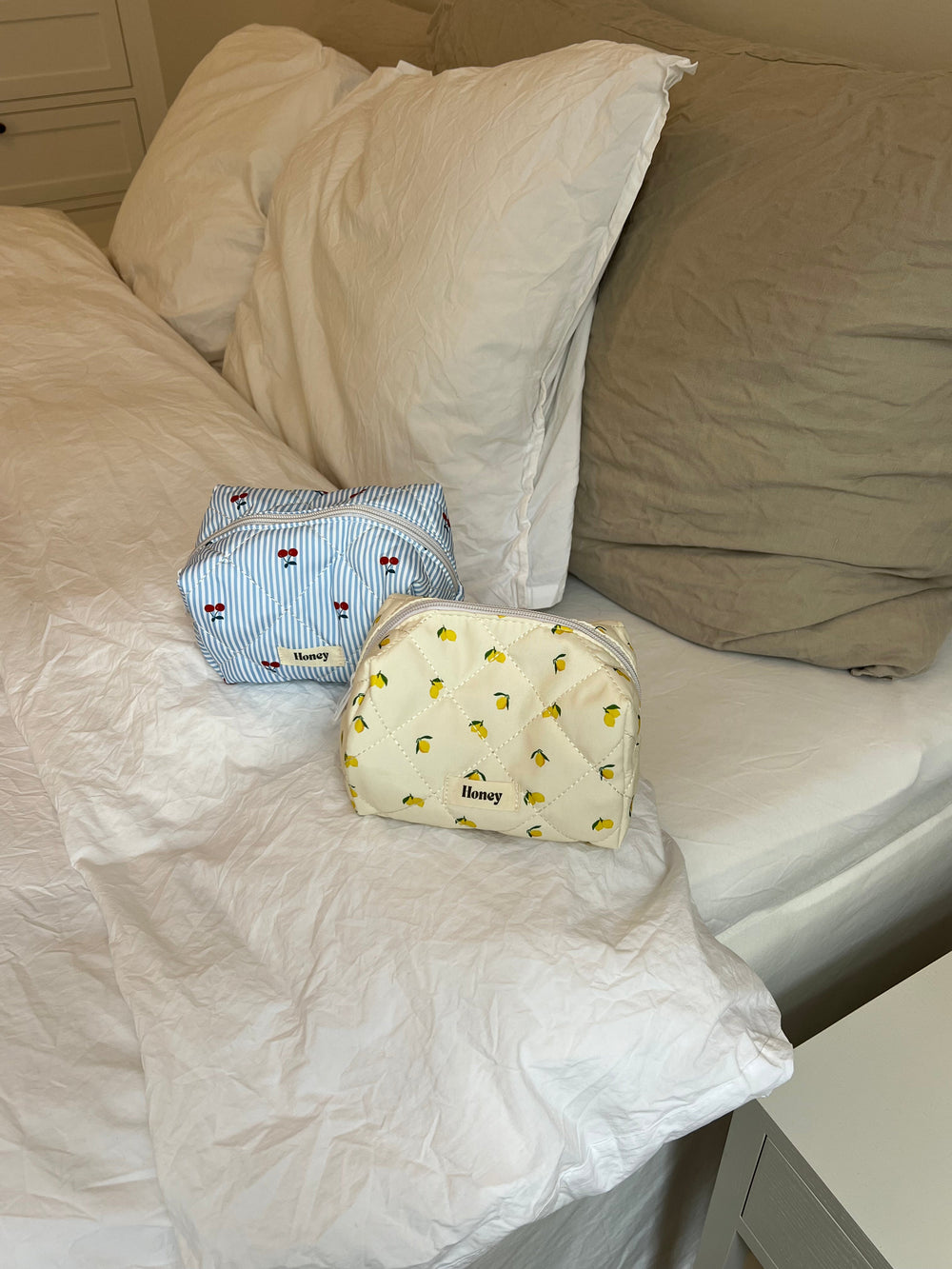 Honey small toiletry bag - Blue/white stripes with cherries