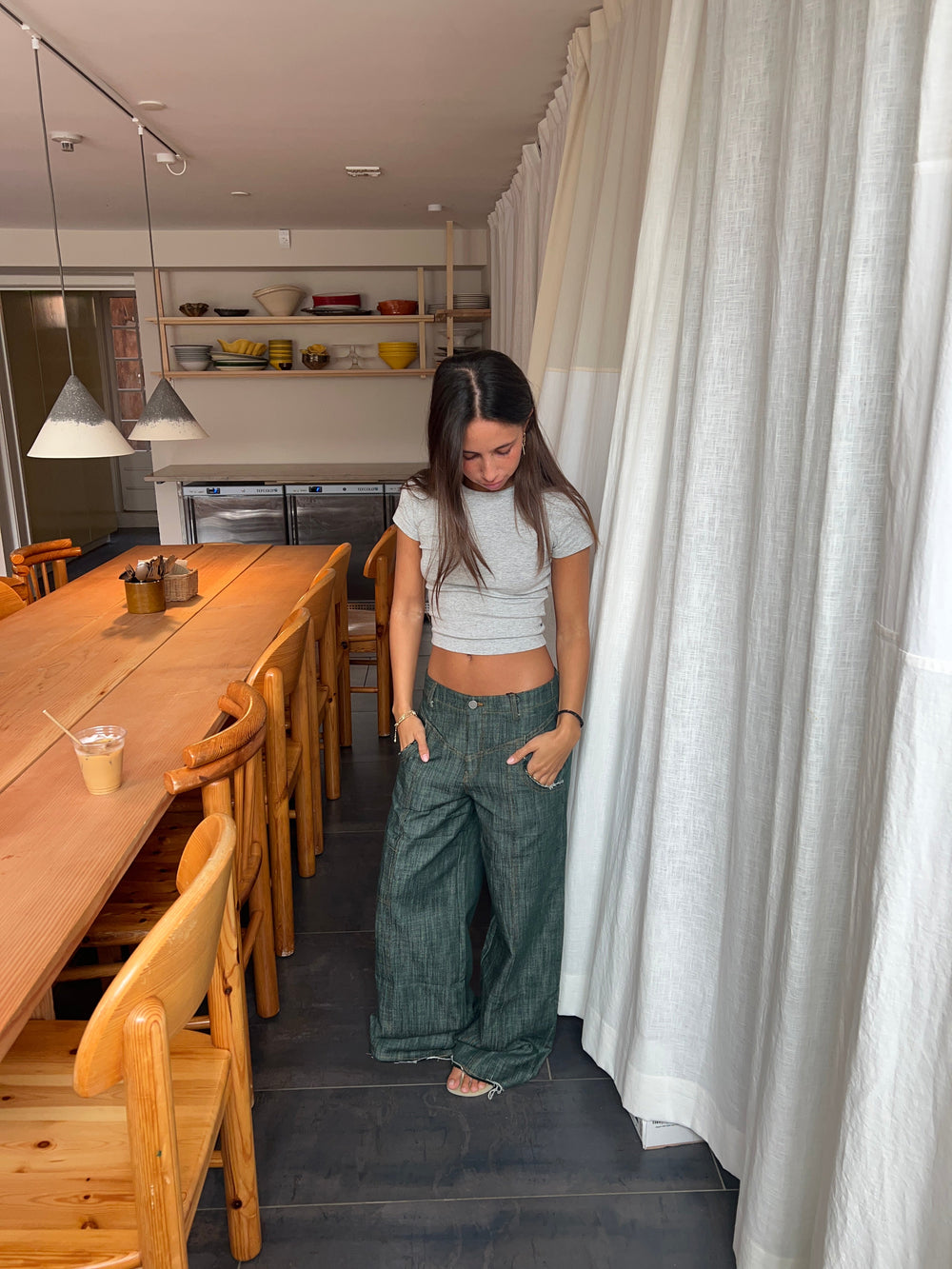 Olive jeans with details - Blue/green