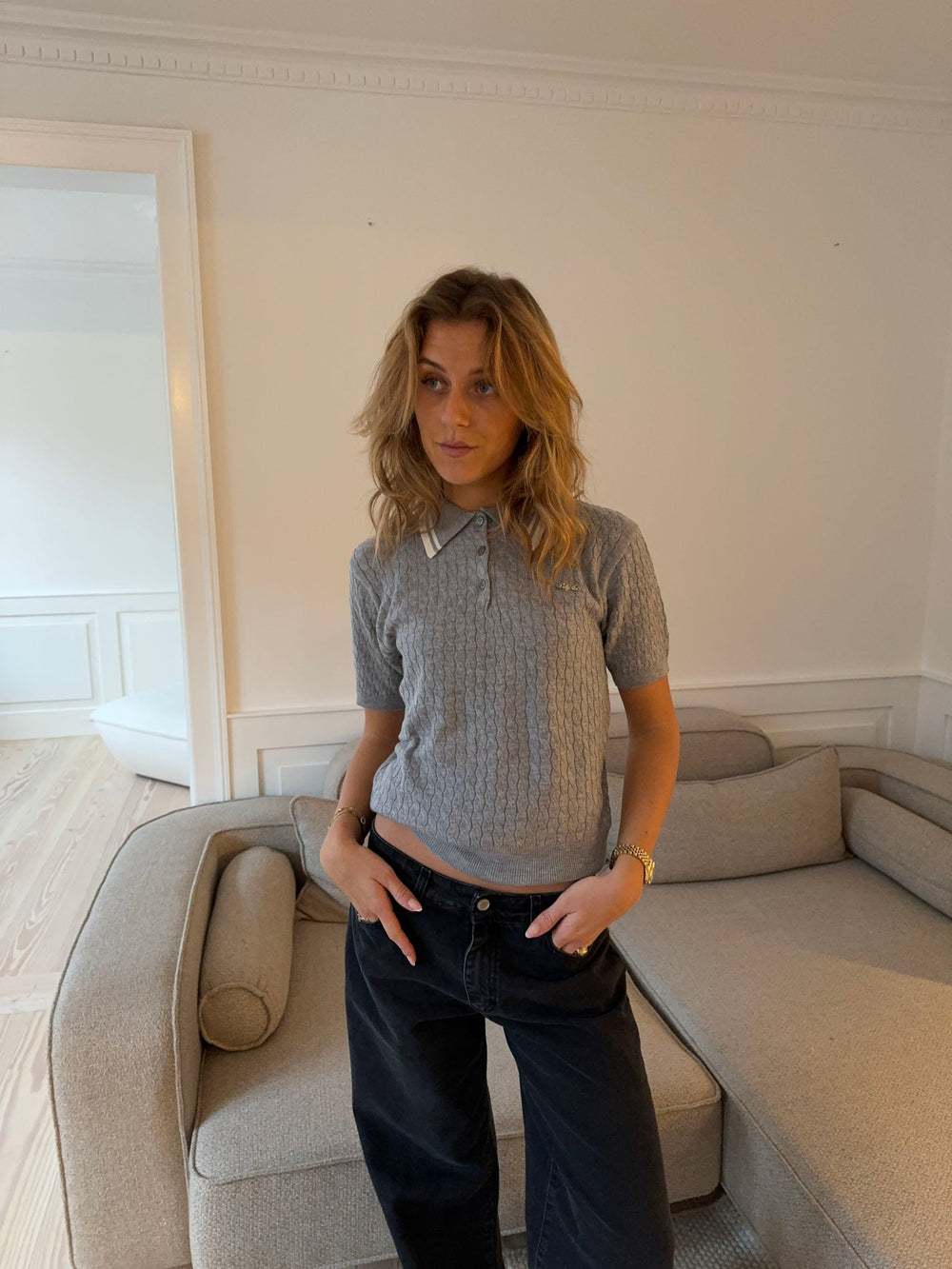 Leontine cable-knit polo - Grey