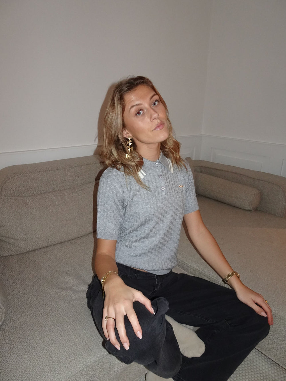 Leontine cable-knit polo - Grey
