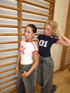 "01" baby tee - Navy/red/beige