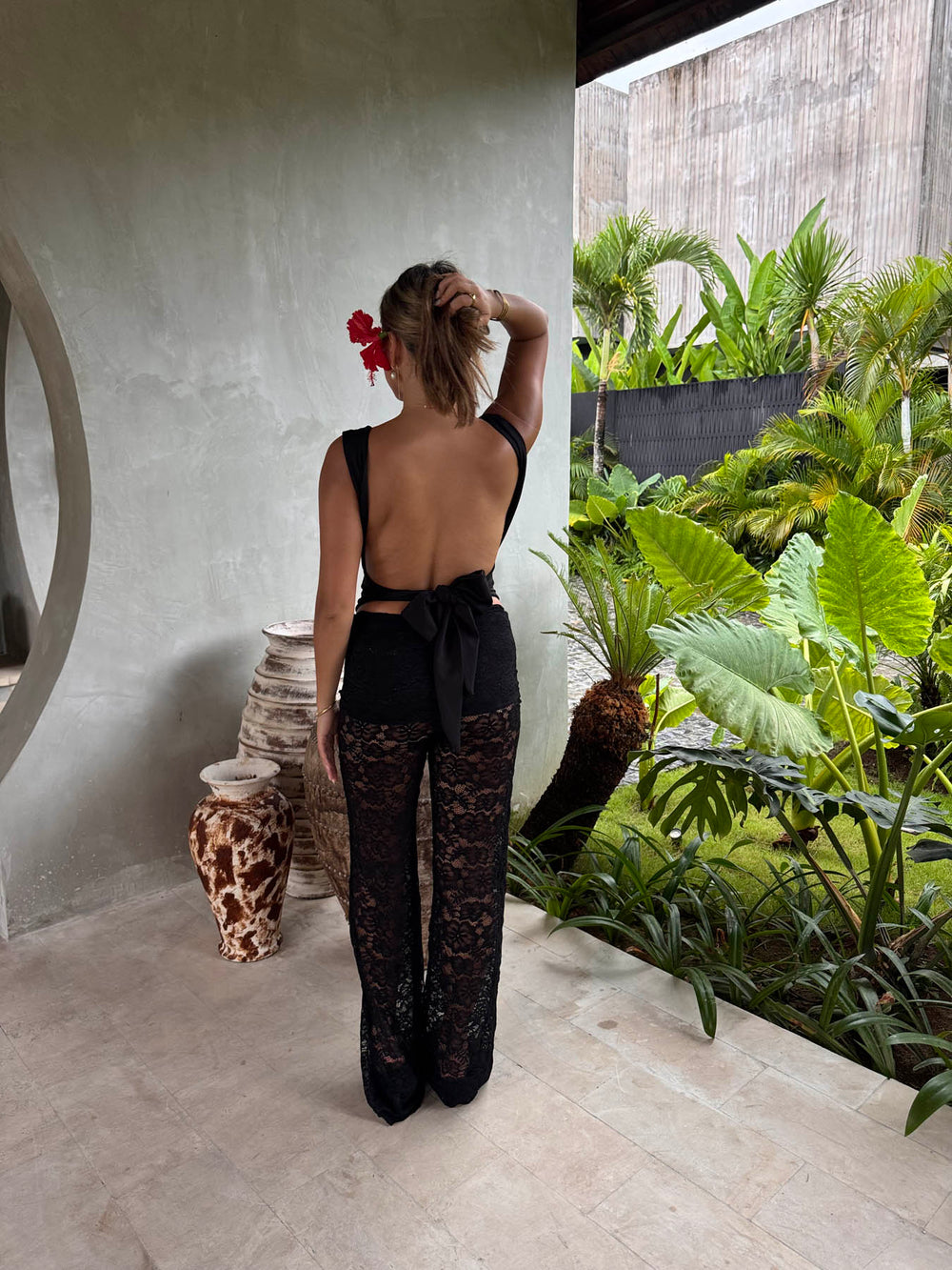 Marly lace pants with trim - Black