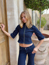 Mya denim jacket with 3/4 sleeves and zip – Dark blue