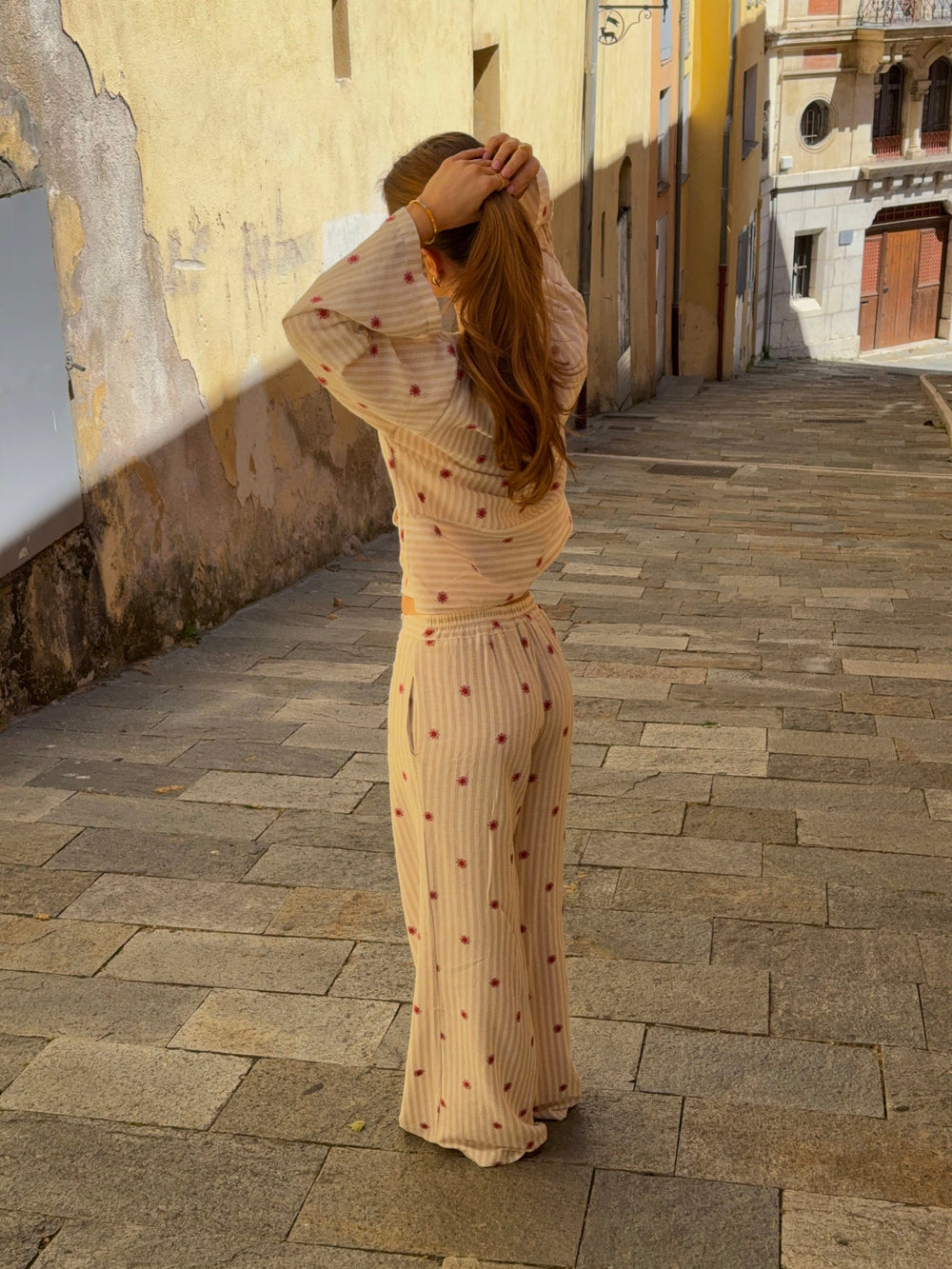 Mireille trousers with sun pattern – Beige/red