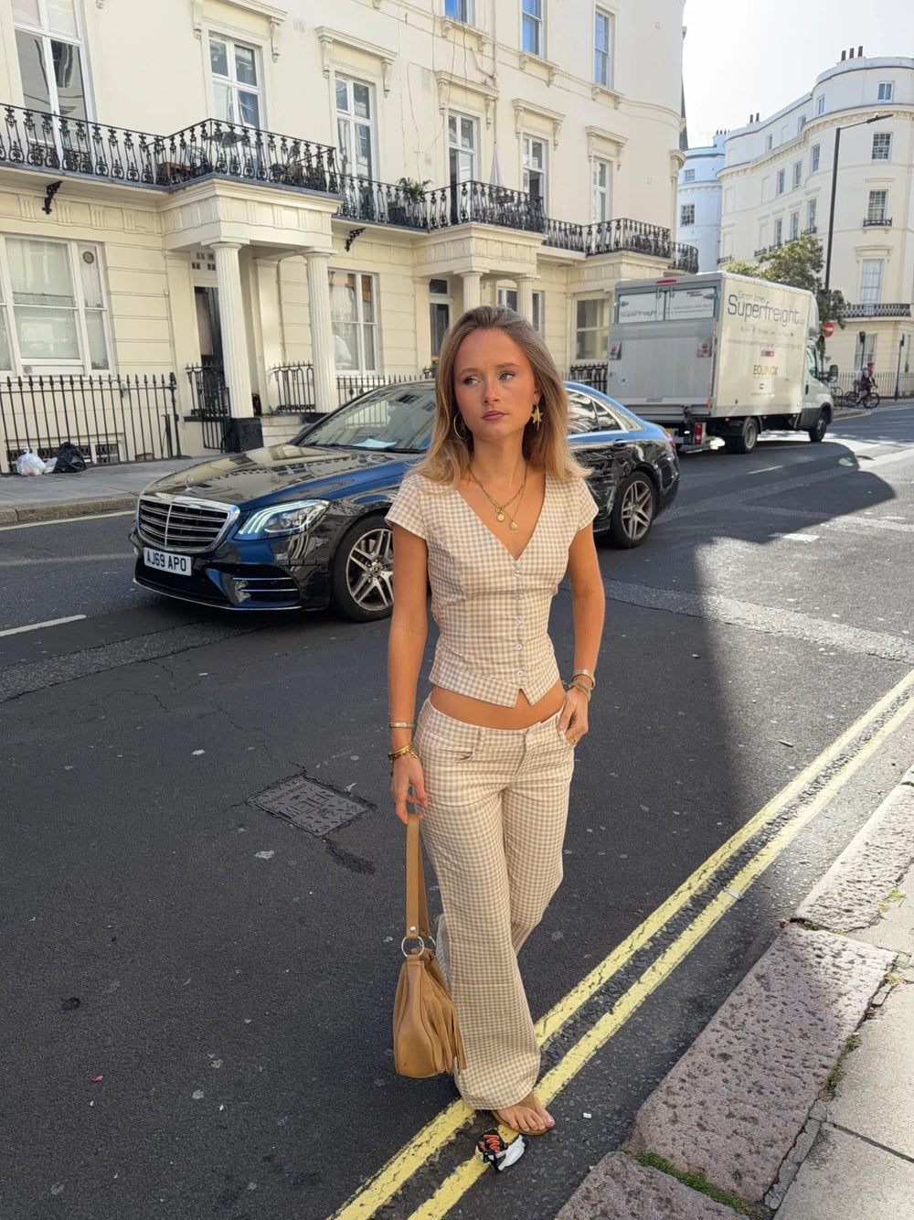 Malin Tomkins pants in gingham - Beige/hvid