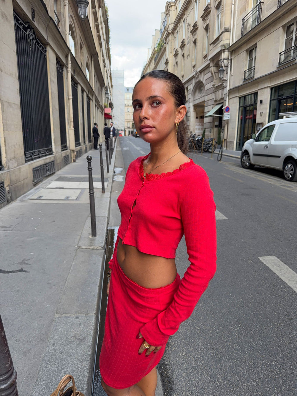 Tina cropped cardigan in pointelle - Red