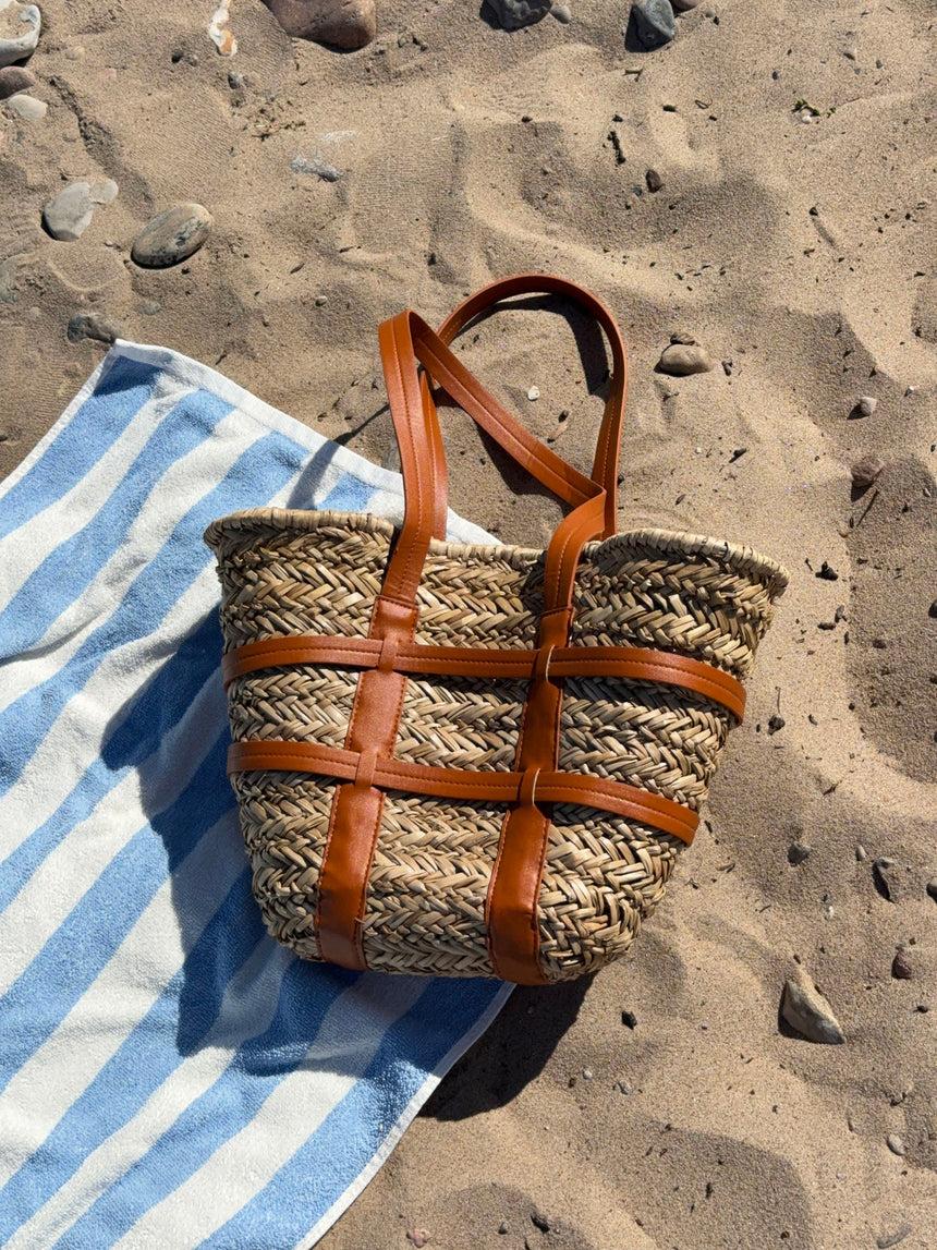 Puglia woven straw bag with leather details – Beige/brown