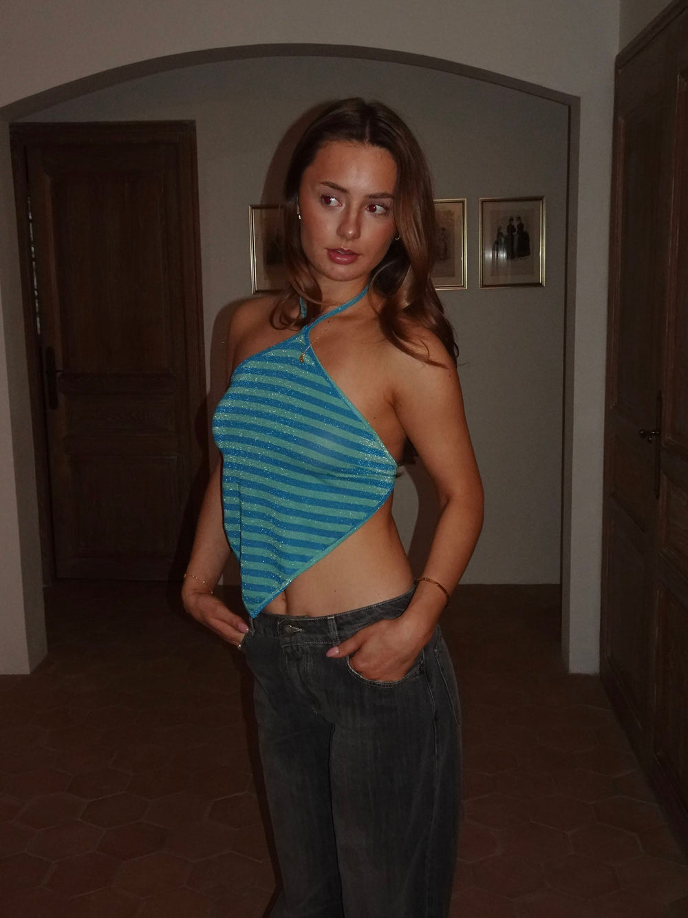 Aquana halterneck glitter top with stripes – Blue