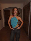 Aquana halterneck glitter top with stripes – Blue