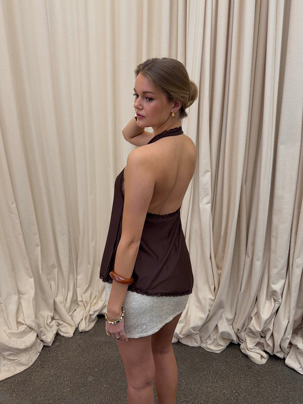 Laticha halterneck top with lace - Brown