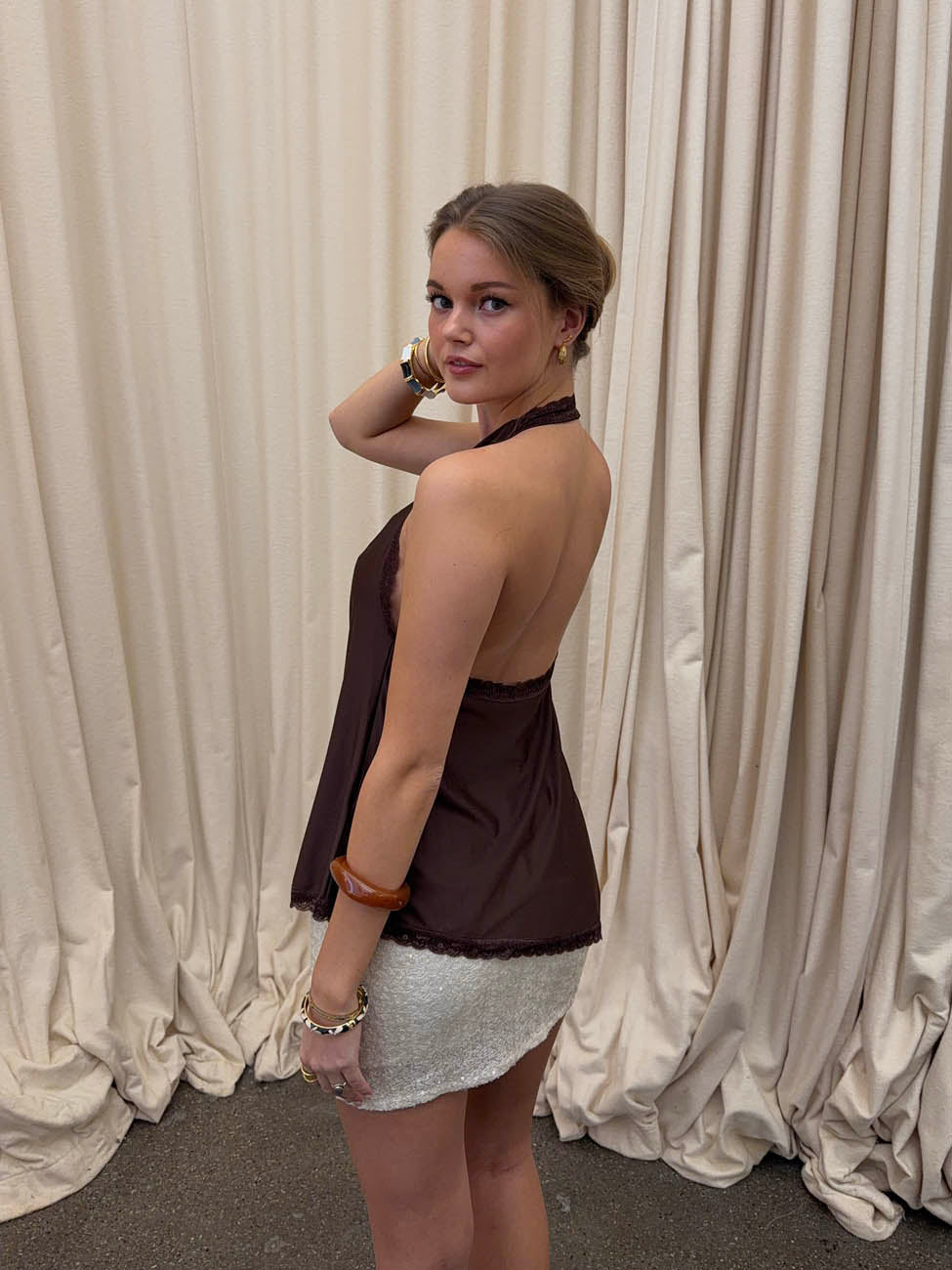 Laticha halterneck top with lace - Brown