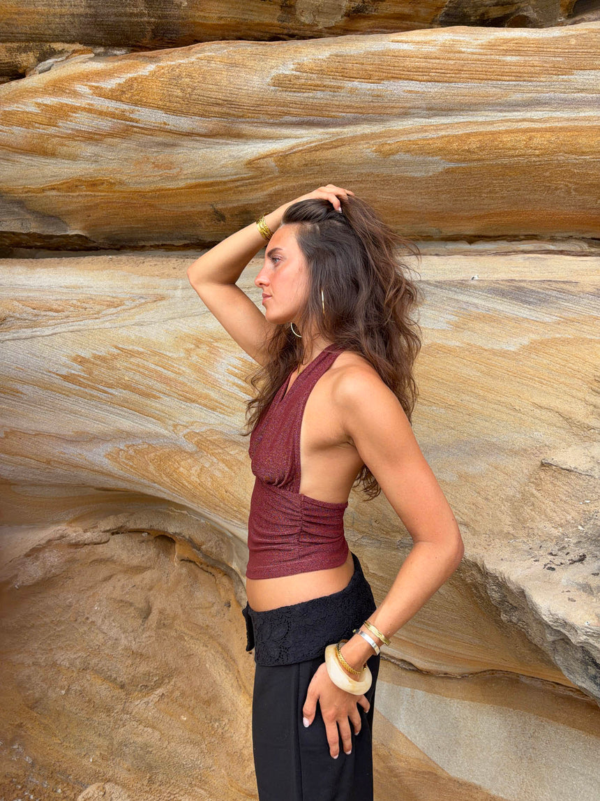 Mira halterneck top with glitter - Rust