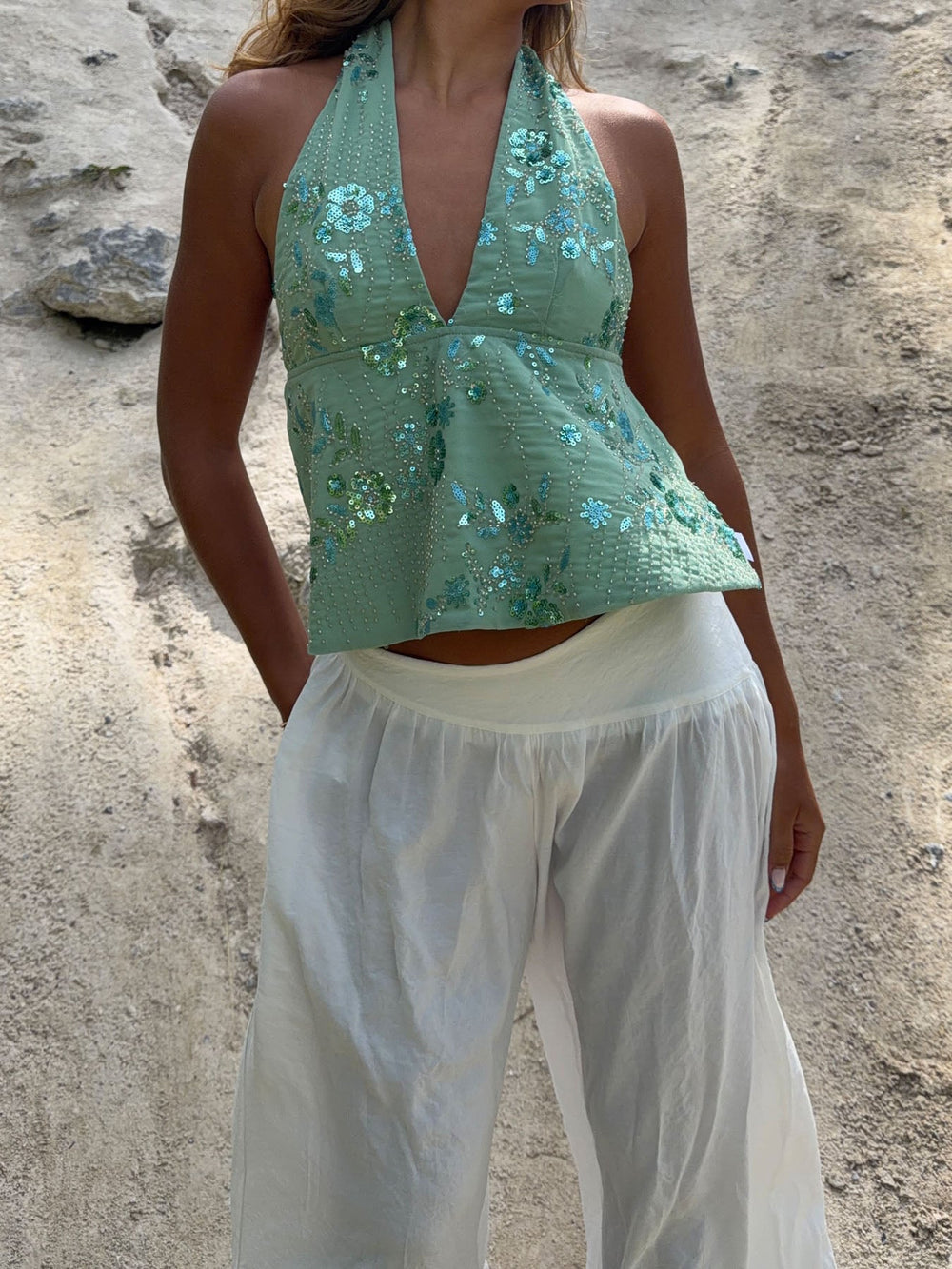 Lumi halterneck top with sequins – Light green
