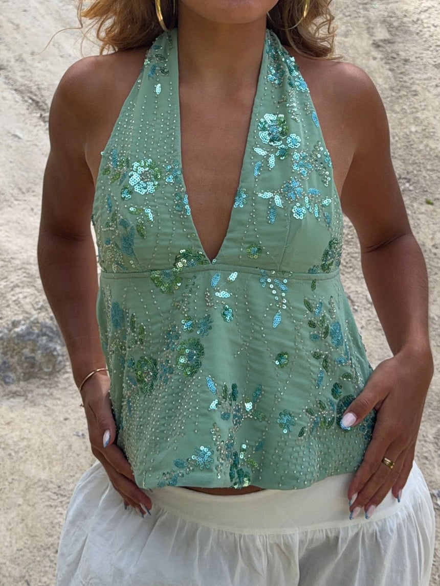 Lumi halterneck top with sequins – Light green