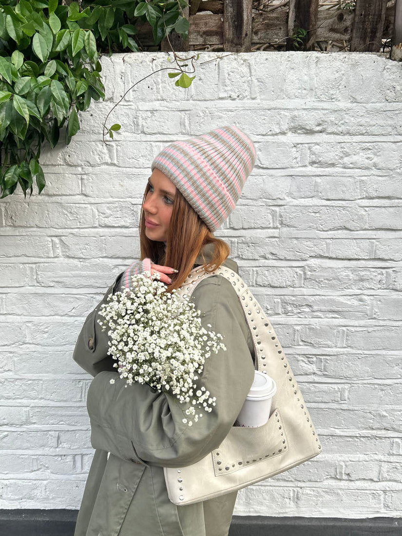 Haze beanie with stripes – Pink/beige/blue