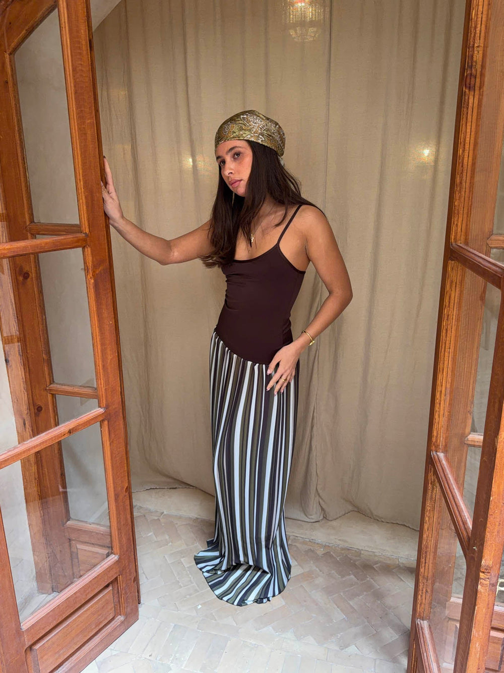 Nessa dress with stripes - Green/brown/white