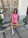 Luliana short sleeved shirt with stripes – Pink/white/black