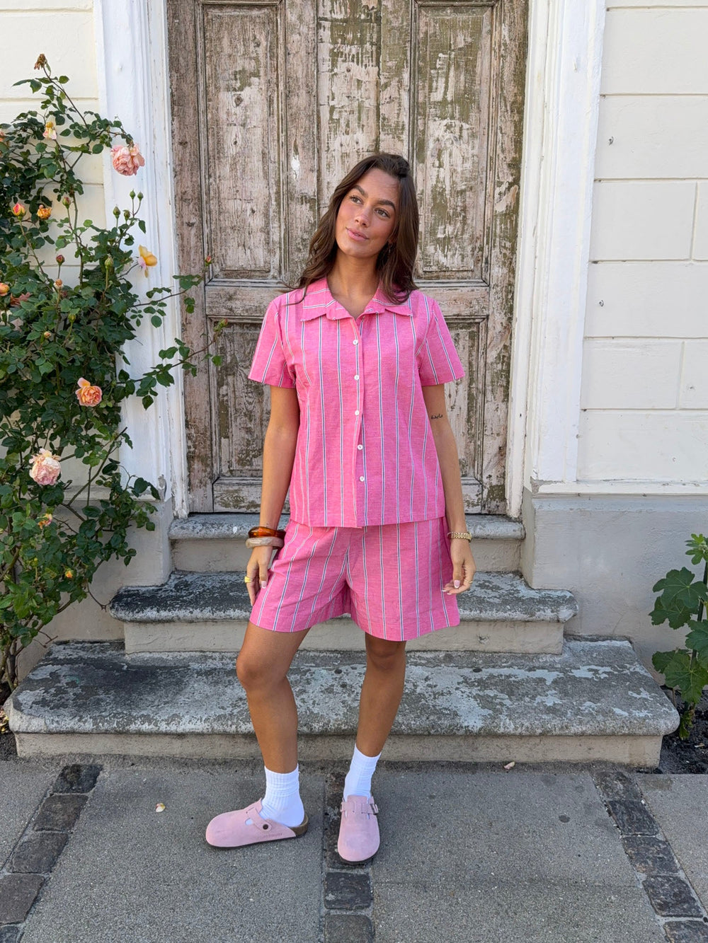 Luliana short sleeved shirt with stripes – Pink/white/black