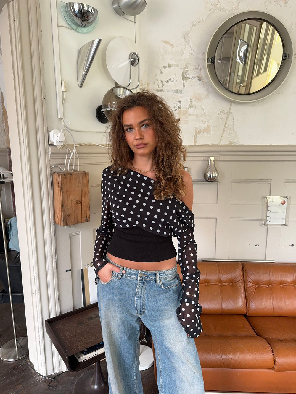 Kimmie long-sleeved blouse with polka dots – Black/white