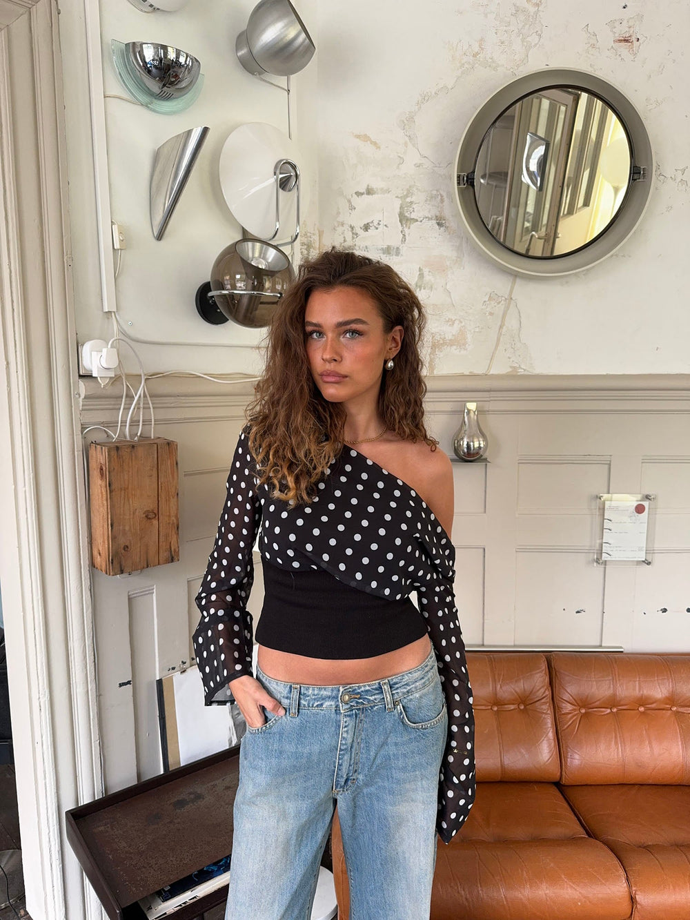 Kimmie long-sleeved blouse with polka dots – Black/white