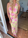 Columbine maxi dress - Yellow with pink flowers