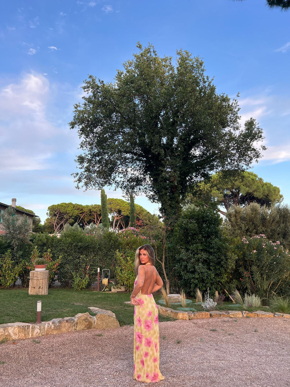 Columbine maxi dress - Yellow with pink flowers