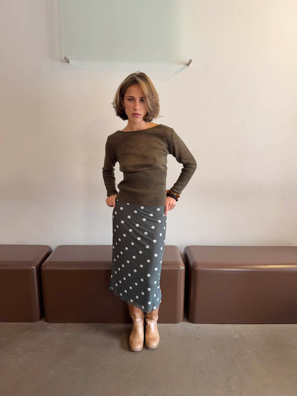 Nielsine mesh skirt with polka dots - Khaki/white