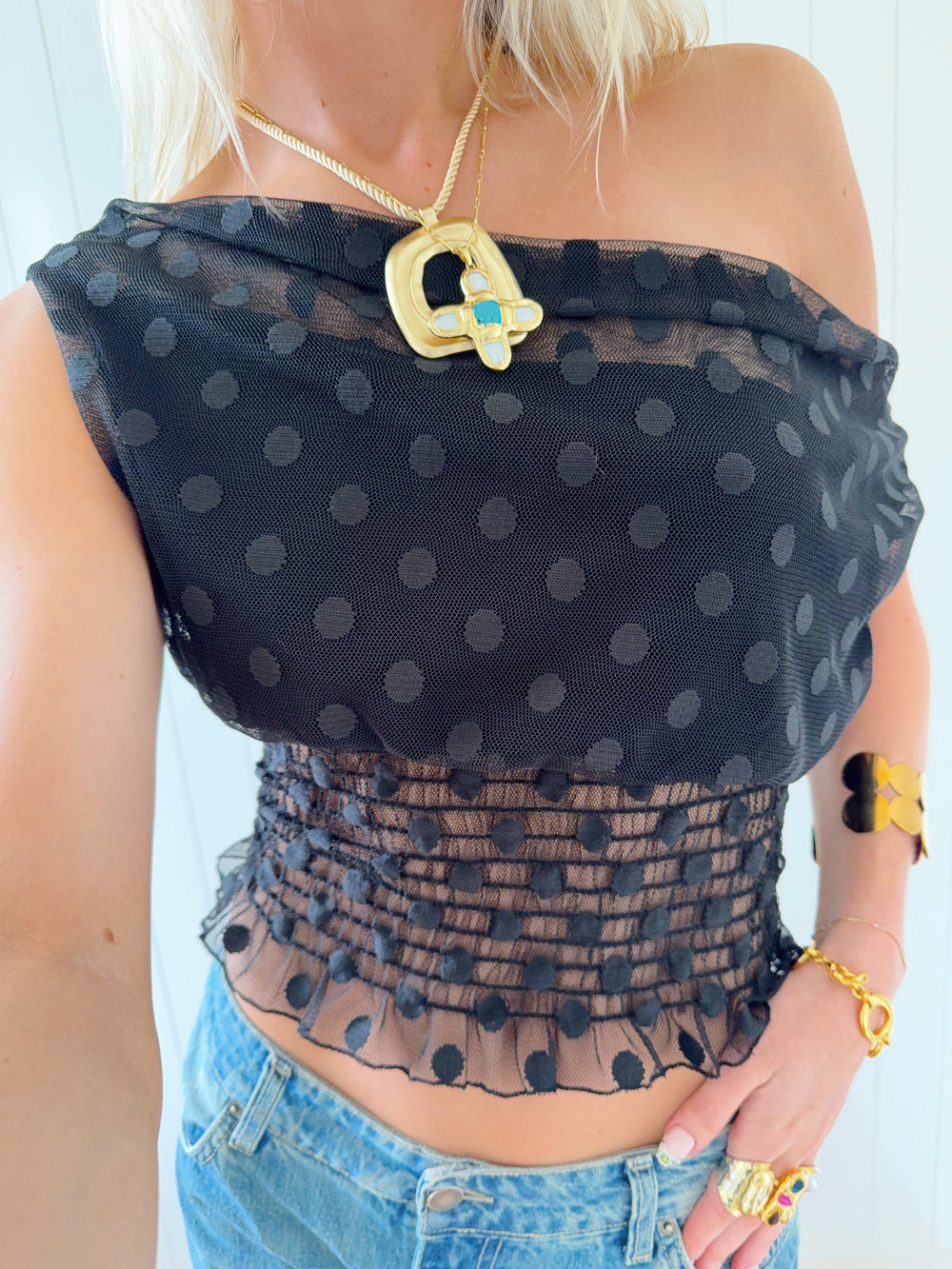Scandivv mesh top with polka dots - Black
