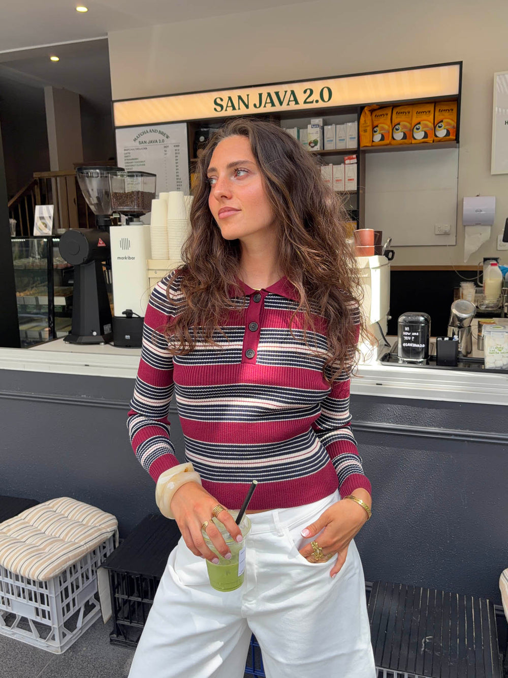 Tilina polo with stripes - Red/beige/navy