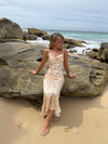 Juliana satin dress - Gold with red flowers