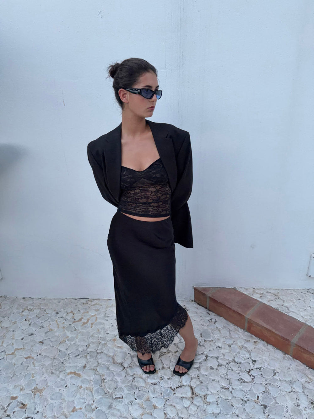 Fima satin skirt with lace - Black