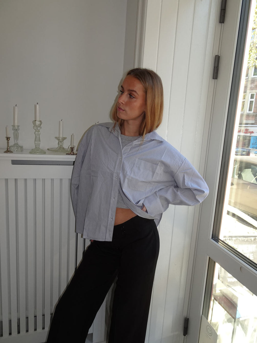 Kendall button shirt with stripes - Light grey/white
