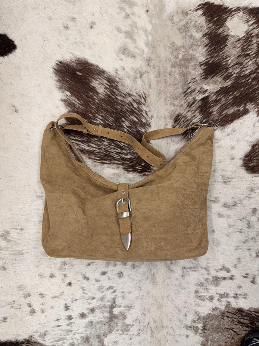 Kyle shoulder bag in suede leather - Brown