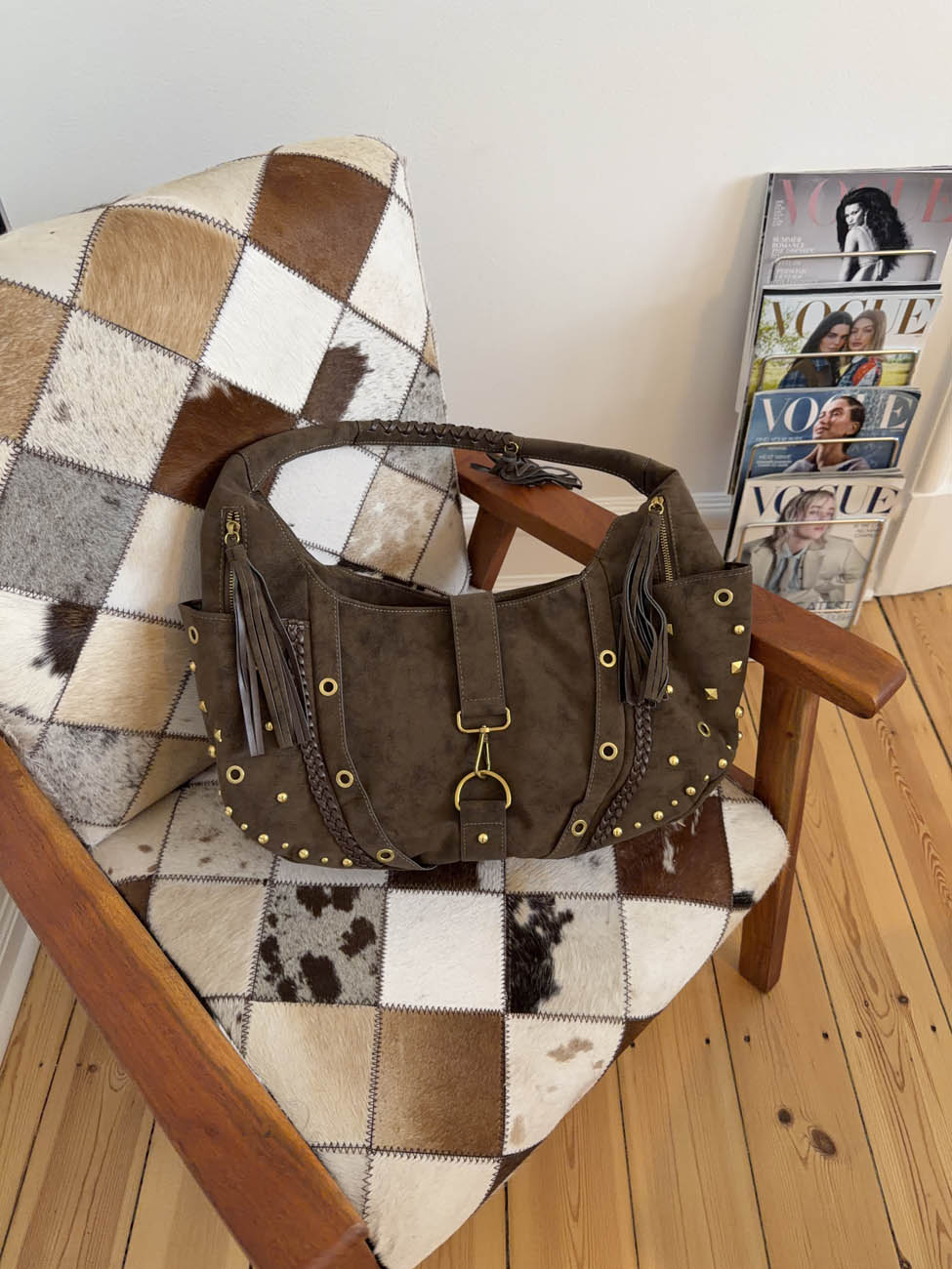 Valentina shoulder bag with nits - Beige/Brown