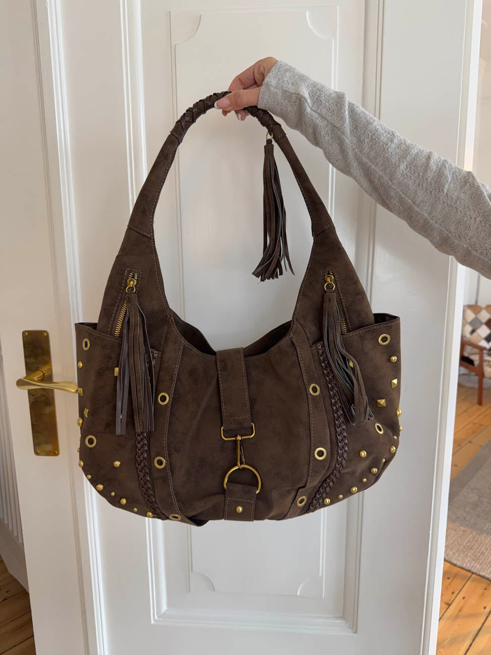 Valentina shoulder bag with nits - Beige/Brown