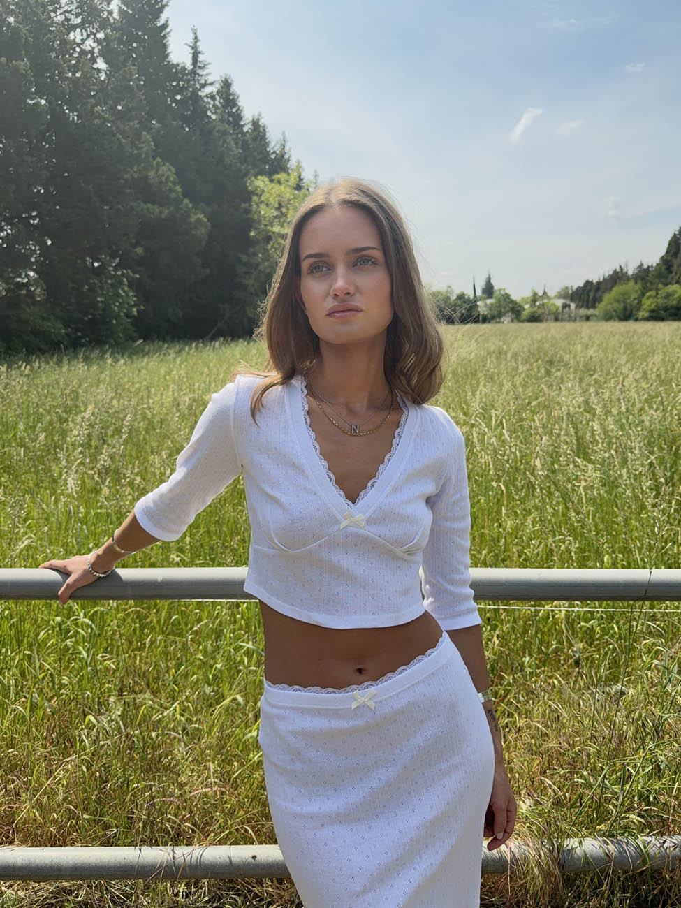 Shaylana pointelle top with 3/4 sleeves - White