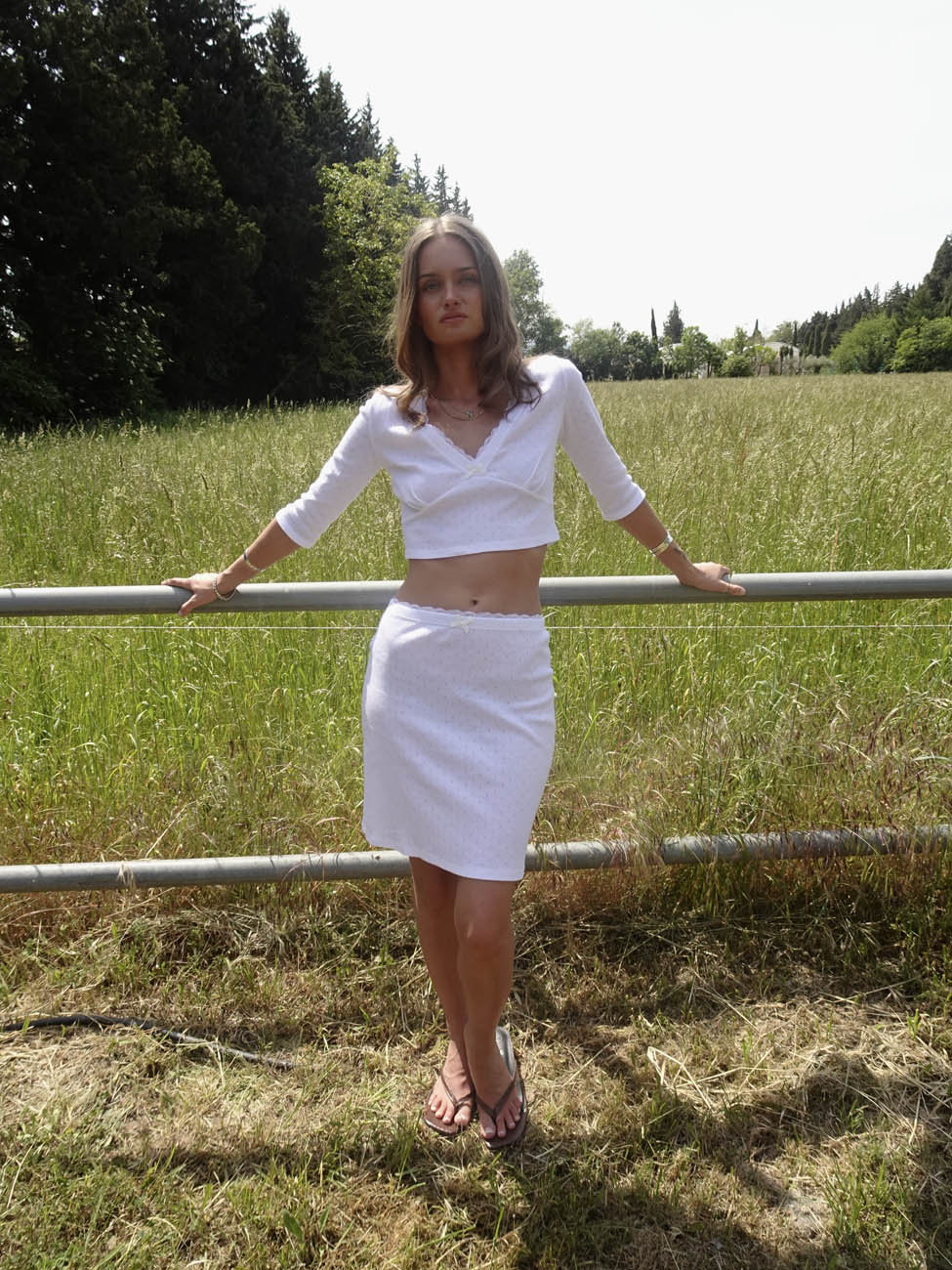 Shaylana pointelle top with 3/4 sleeves - White